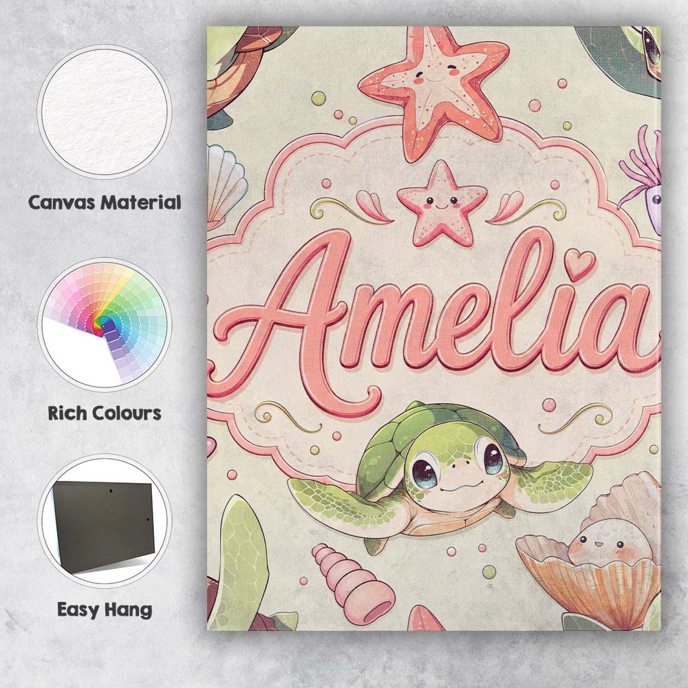 Personalised Name Cute Kawaii Sea Turtle Custom Unique Gift Idea Elegant Feature Canvas Wall Art Print Decor Picture Ready to Hang