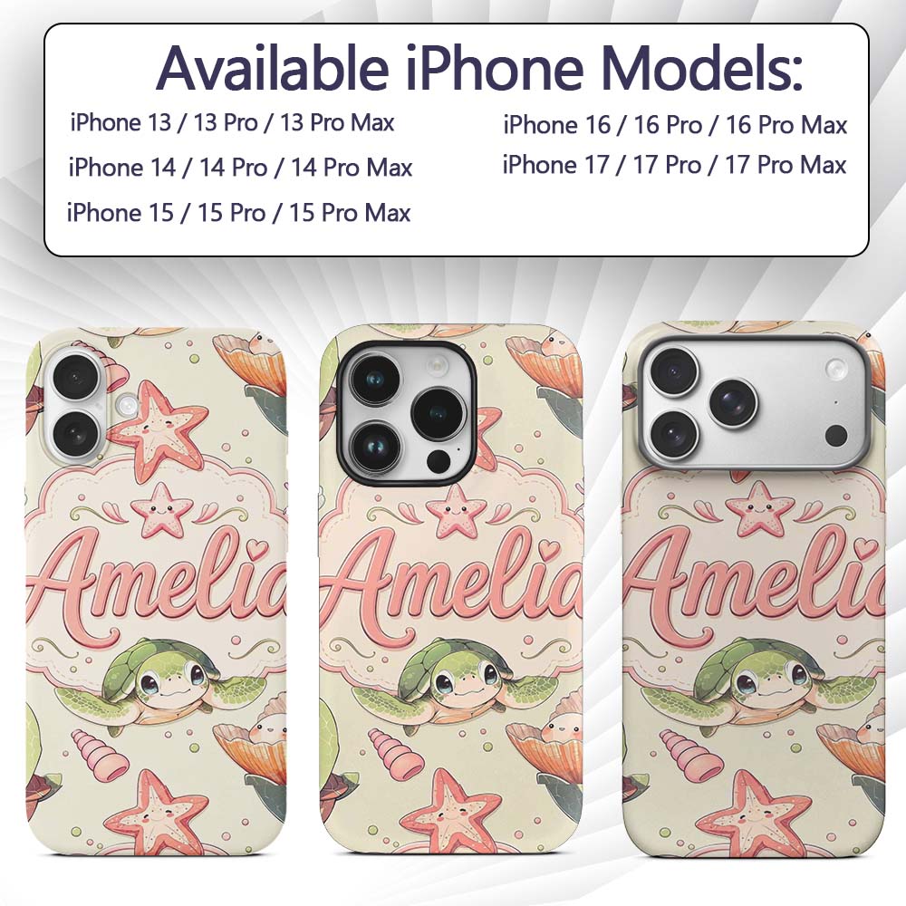 Cute Kawaii Sea Turtle Starfish Shells Ocean Custom Name Protective Phone Case Mobile Cover Durable Everyday Smartphone Shock Resistant