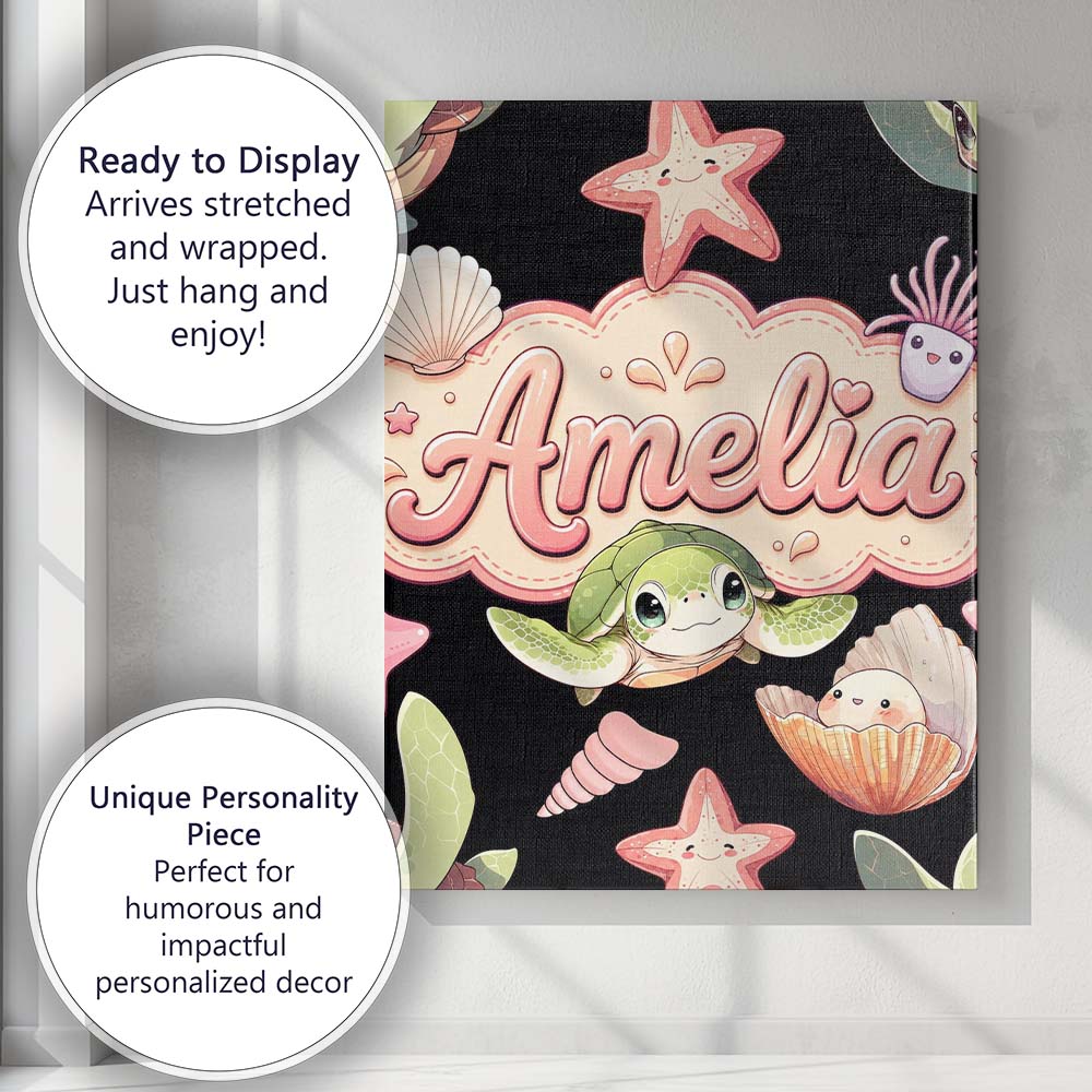 Personalised Name Cute Kawaii Sea Turtle Custom Unique Gift Idea Elegant Feature Canvas Wall Art Print Decor Picture Ready to Hang