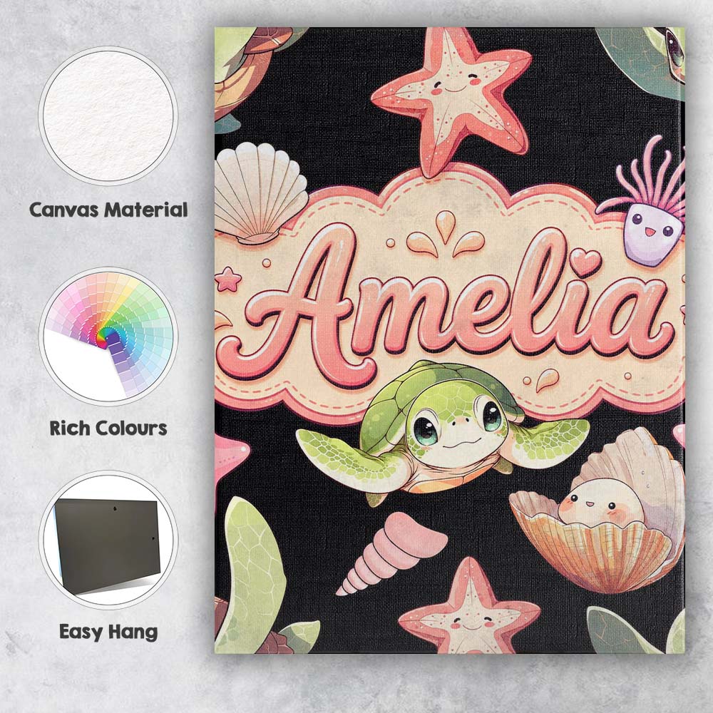 Personalised Name Cute Kawaii Sea Turtle Custom Unique Gift Idea Elegant Feature Canvas Wall Art Print Decor Picture Ready to Hang