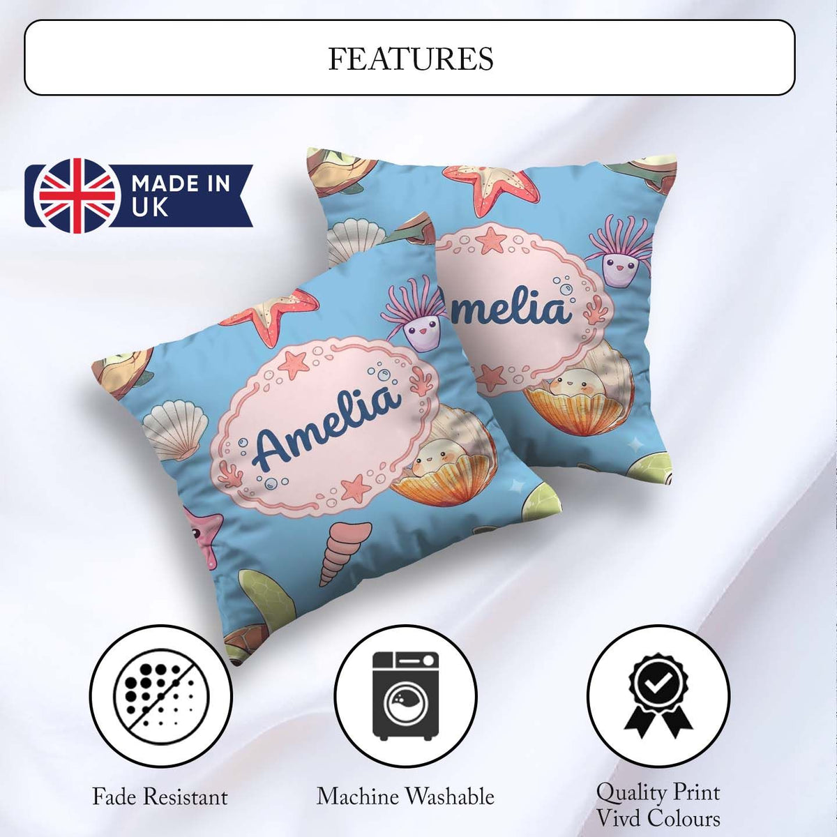 Custom Name Kawaii Sea Turtle Starfish Shells Ocean Friends Blue Square Filled Cushion Throw Pillow Sofa Bed Home Decor Zip Washable UK Made