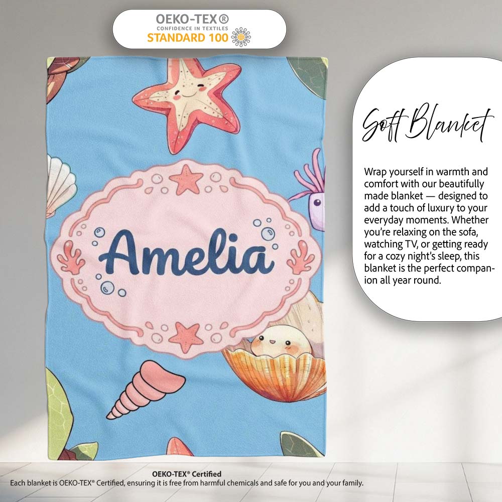 Cute Kawaii Sea Turtle Starfish Shells Ocean Friends Blue Background Personalised Custom Name Super Soft Fleece Blanket Bed Sofa Throw