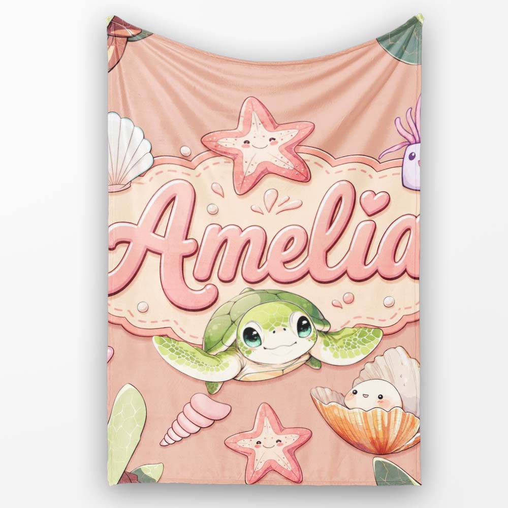 Cute Kawaii Sea Turtle Starfish Shells Ocean Friends Peach Lovely Personalised Custom Name Super Soft Fleece Blanket Bed Sofa Throw