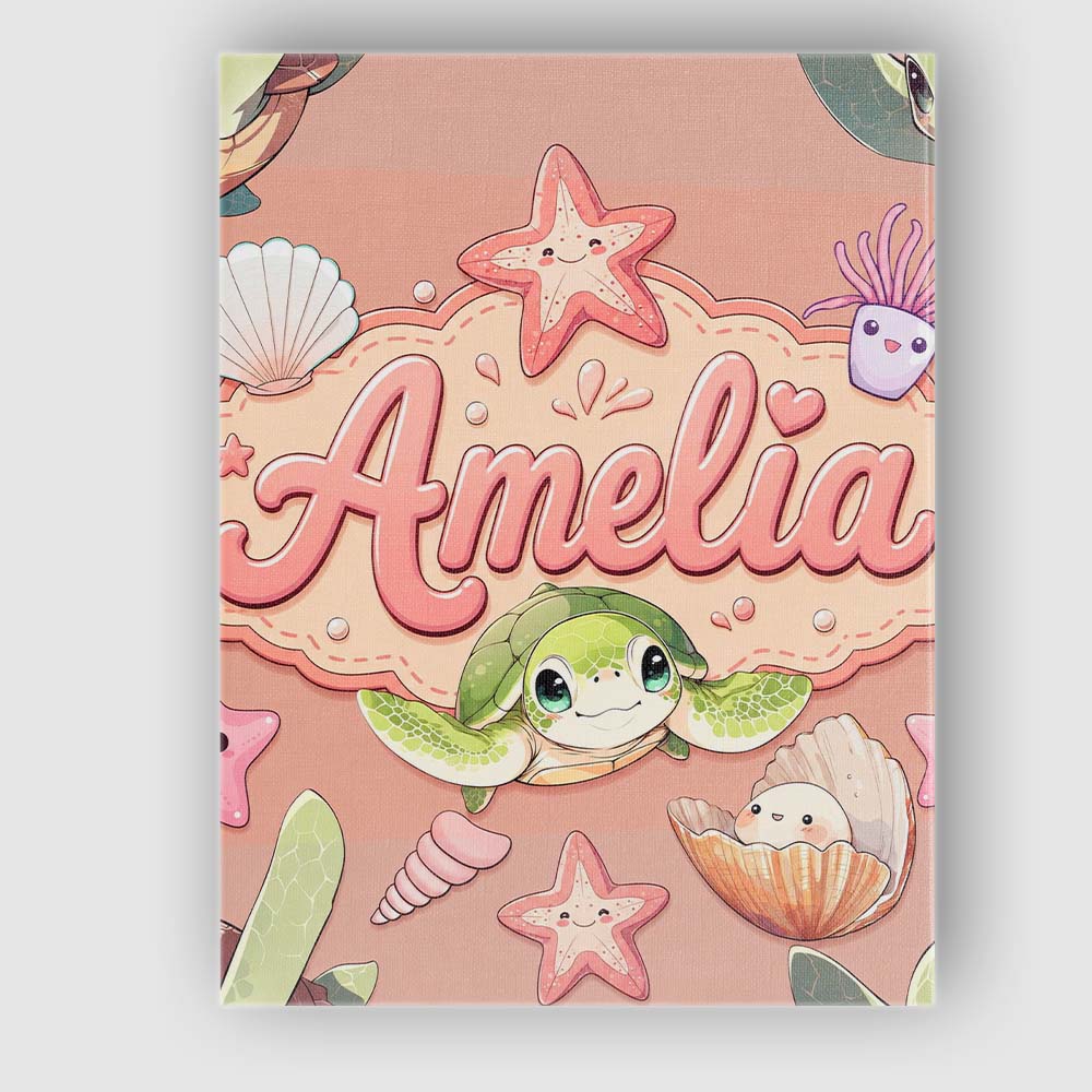 Personalised Name Cute Kawaii Sea Turtle Custom Unique Gift Idea Elegant Feature Canvas Wall Art Print Decor Picture Ready to Hang