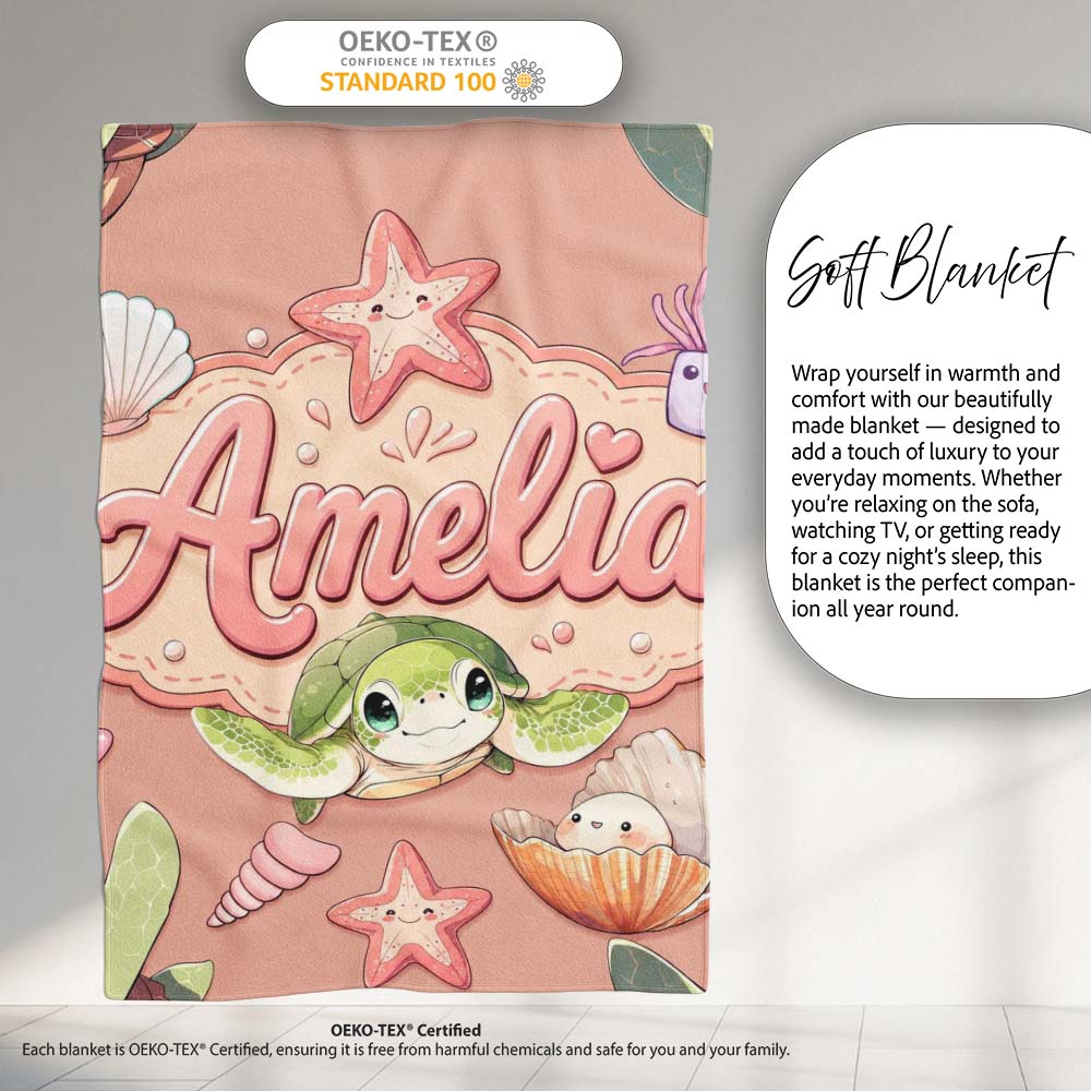 Cute Kawaii Sea Turtle Starfish Shells Ocean Friends Peach Lovely Personalised Custom Name Super Soft Fleece Blanket Bed Sofa Throw