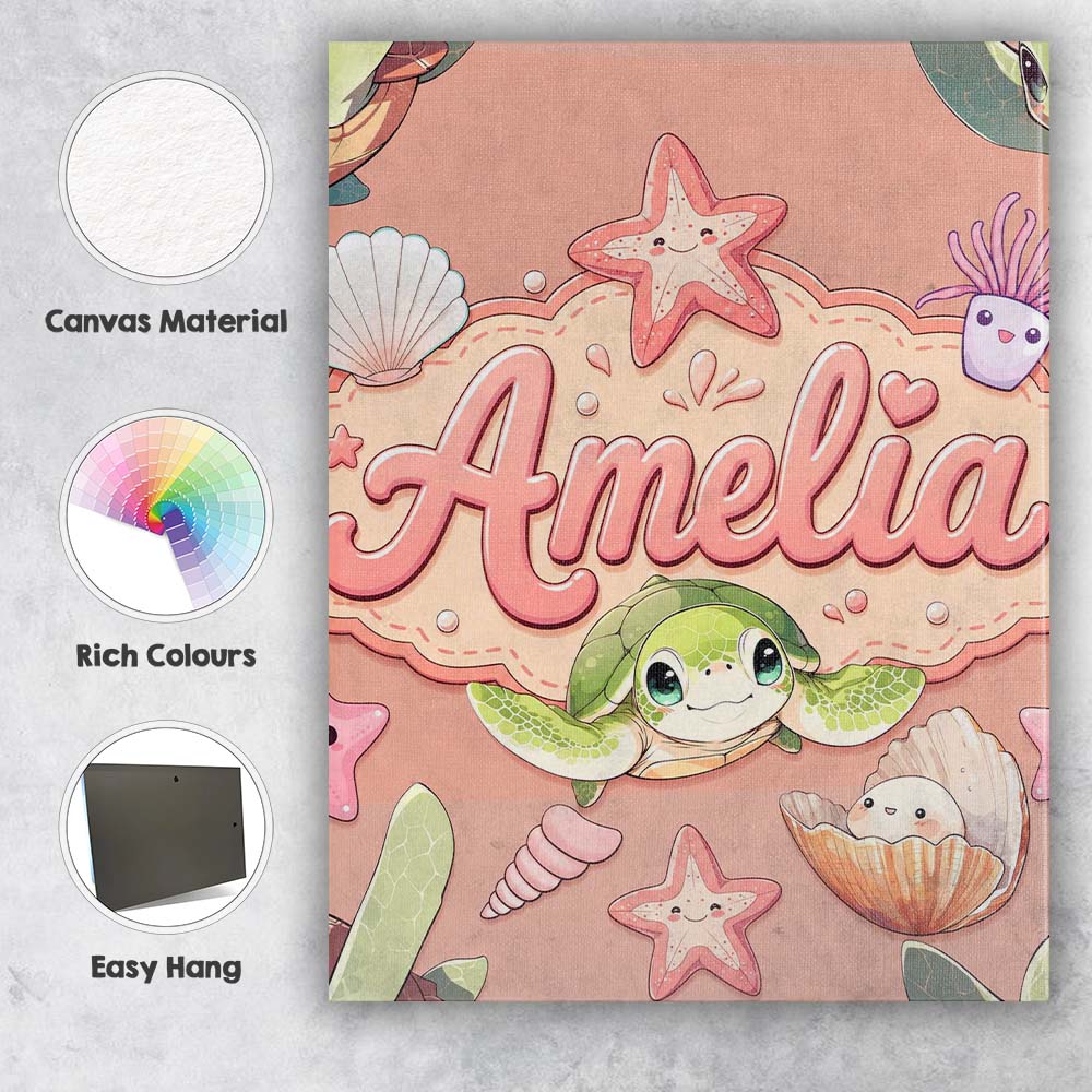 Personalised Name Cute Kawaii Sea Turtle Custom Unique Gift Idea Elegant Feature Canvas Wall Art Print Decor Picture Ready to Hang