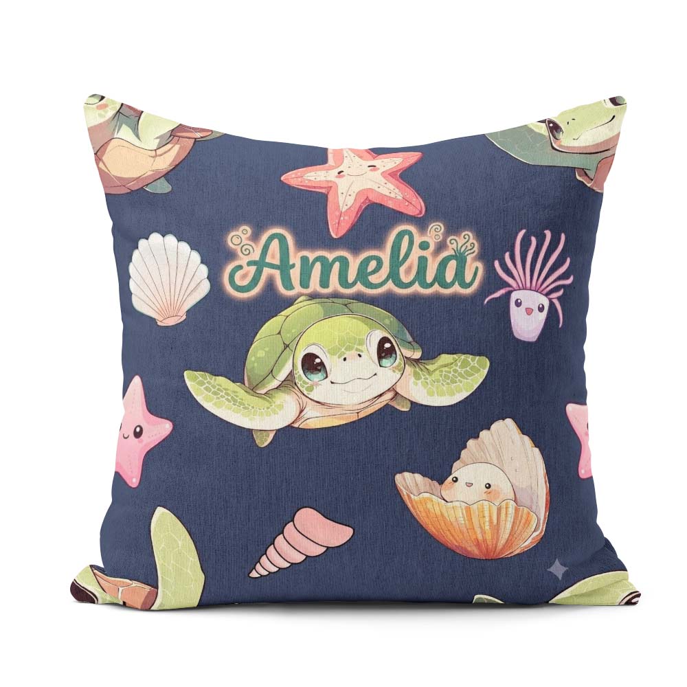 Custom Name Kawaii Sea Turtle Starfish Shells Ocean Friends Navy Square Filled Cushion Throw Pillow Sofa Bed Home Decor Zip Washable UK Made