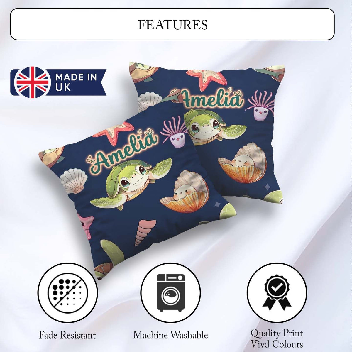 Custom Name Kawaii Sea Turtle Starfish Shells Ocean Friends Navy Square Filled Cushion Throw Pillow Sofa Bed Home Decor Zip Washable UK Made