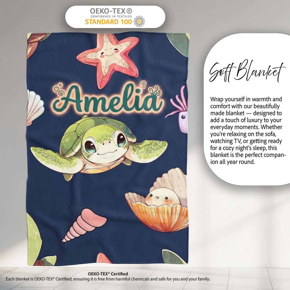 Cute Kawaii Sea Turtle Starfish Shells Ocean Friends Navy Background Personalised Custom Name Super Soft Fleece Blanket Bed Sofa Throw
