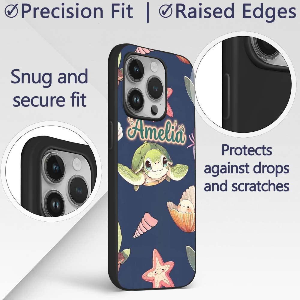 Cute Kawaii Sea Turtle Starfish Shells Ocean Custom Name Protective Phone Case Mobile Cover Durable Everyday Smartphone Shock Resistant