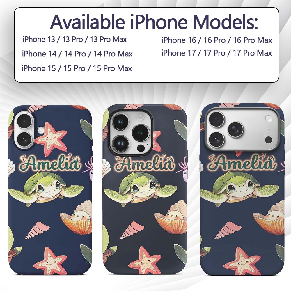 Cute Kawaii Sea Turtle Starfish Shells Ocean Custom Name Protective Phone Case Mobile Cover Durable Everyday Smartphone Shock Resistant