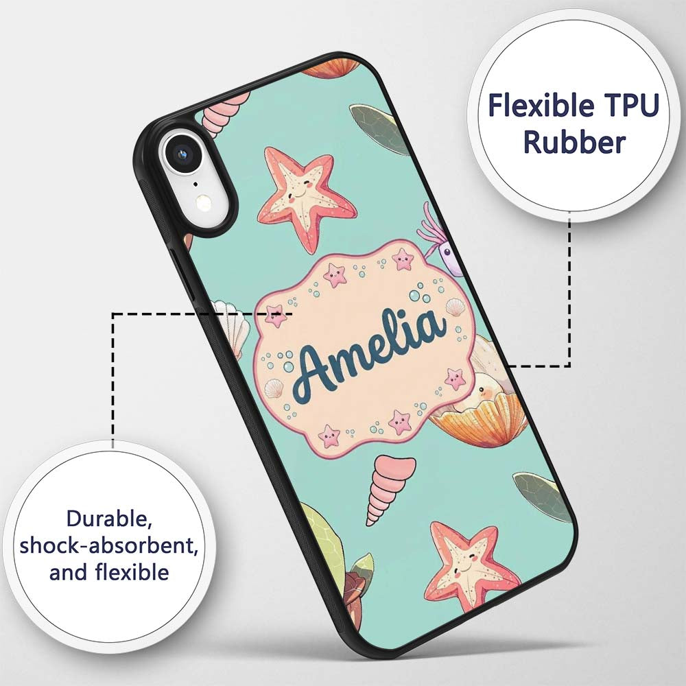 Cute Kawaii Sea Turtle Starfish Shells Ocean Custom Name Protective Phone Case Mobile Cover Durable Everyday Smartphone Shock Resistant