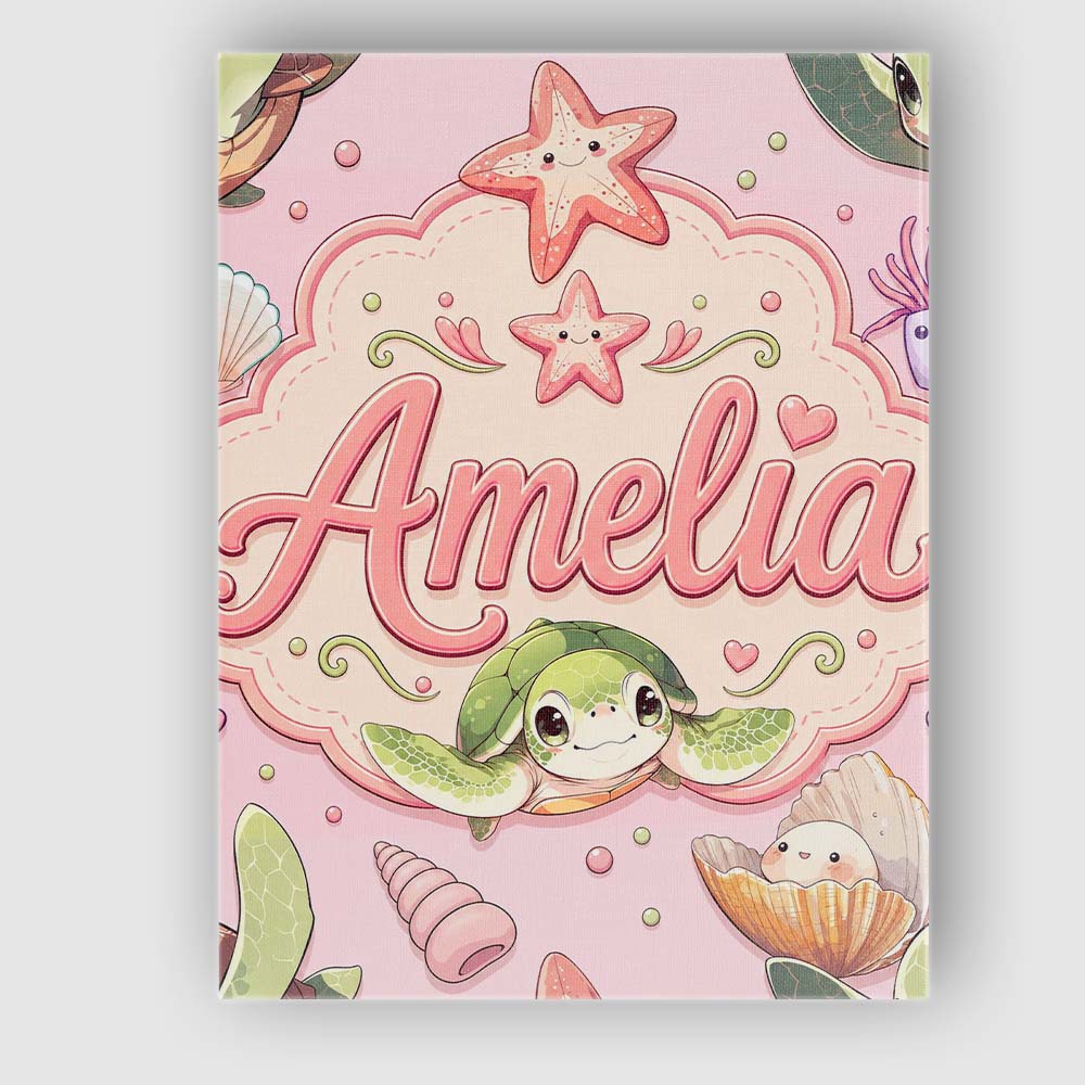 Personalised Name Cute Kawaii Sea Turtle Custom Unique Gift Idea Elegant Feature Canvas Wall Art Print Decor Picture Ready to Hang