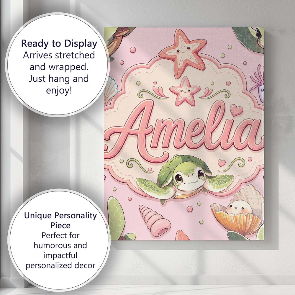 Personalised Name Cute Kawaii Sea Turtle Custom Unique Gift Idea Elegant Feature Canvas Wall Art Print Decor Picture Ready to Hang
