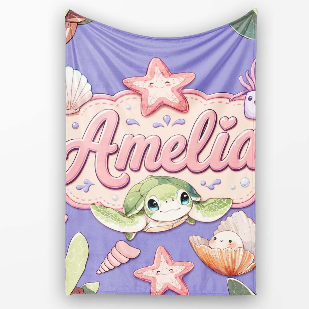 Cute Kawaii Sea Turtle Starfish Shells Ocean Friends Lavender Lovely Personalised Custom Name Super Soft Fleece Blanket Bed Sofa Throw