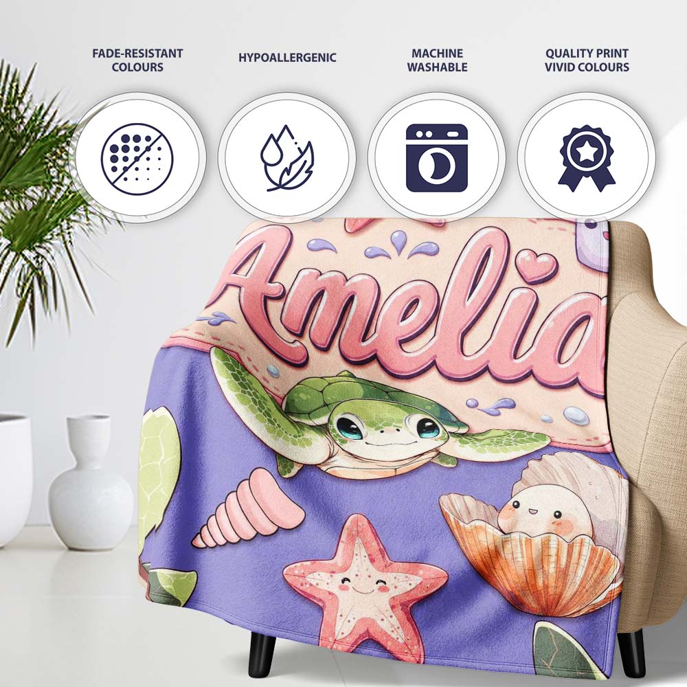 Cute Kawaii Sea Turtle Starfish Shells Ocean Friends Lavender Lovely Personalised Custom Name Super Soft Fleece Blanket Bed Sofa Throw