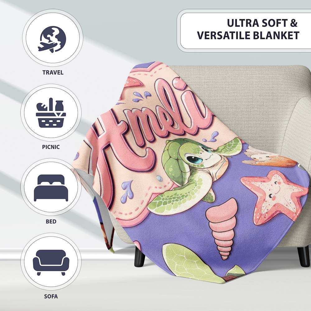 Cute Kawaii Sea Turtle Starfish Shells Ocean Friends Lavender Lovely Personalised Custom Name Super Soft Fleece Blanket Bed Sofa Throw