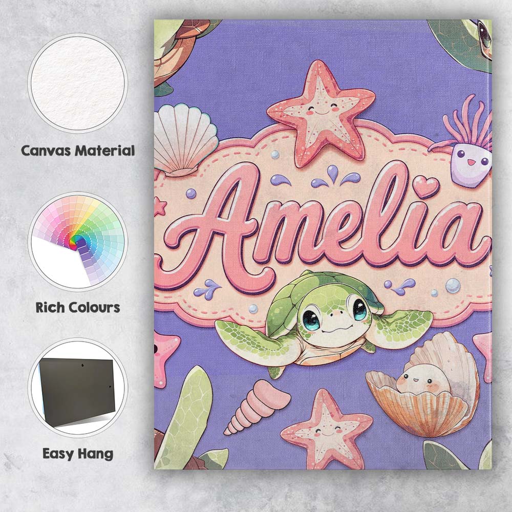 Personalised Name Cute Kawaii Sea Turtle Custom Unique Gift Idea Elegant Feature Canvas Wall Art Print Decor Picture Ready to Hang