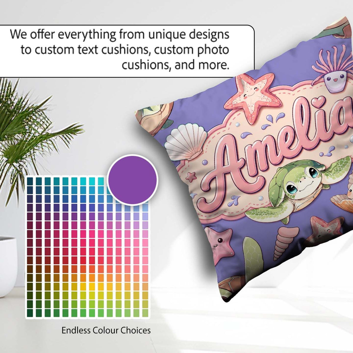 Custom Name Cute Kawaii Sea Turtle Starfish Shells Ocean Friends Square Filled Cushion Throw Pillow Sofa Bed Home Decor Zip Washable UK Made