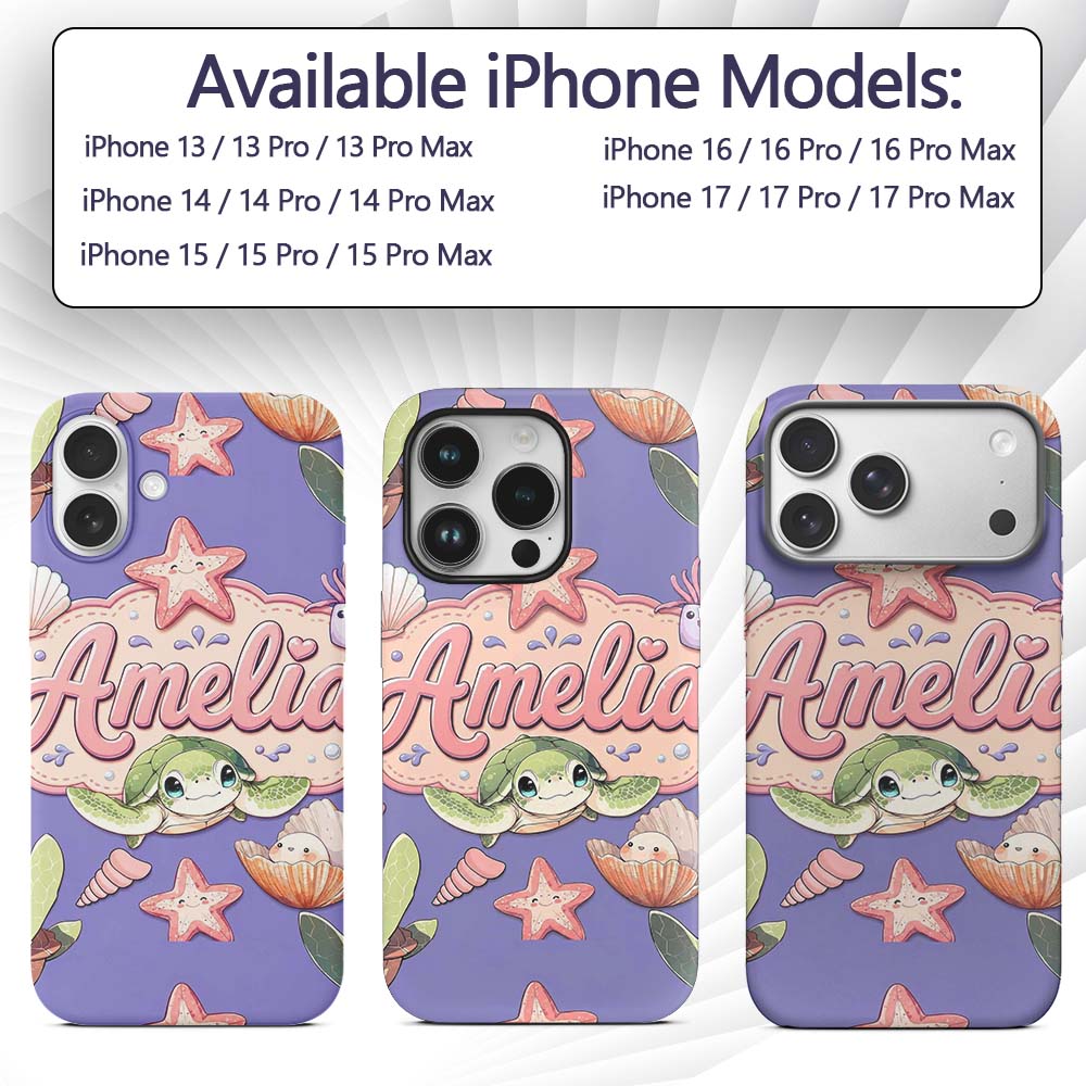 Cute Kawaii Sea Turtle Starfish Shells Ocean Custom Name Protective Phone Case Mobile Cover Durable Everyday Smartphone Shock Resistant