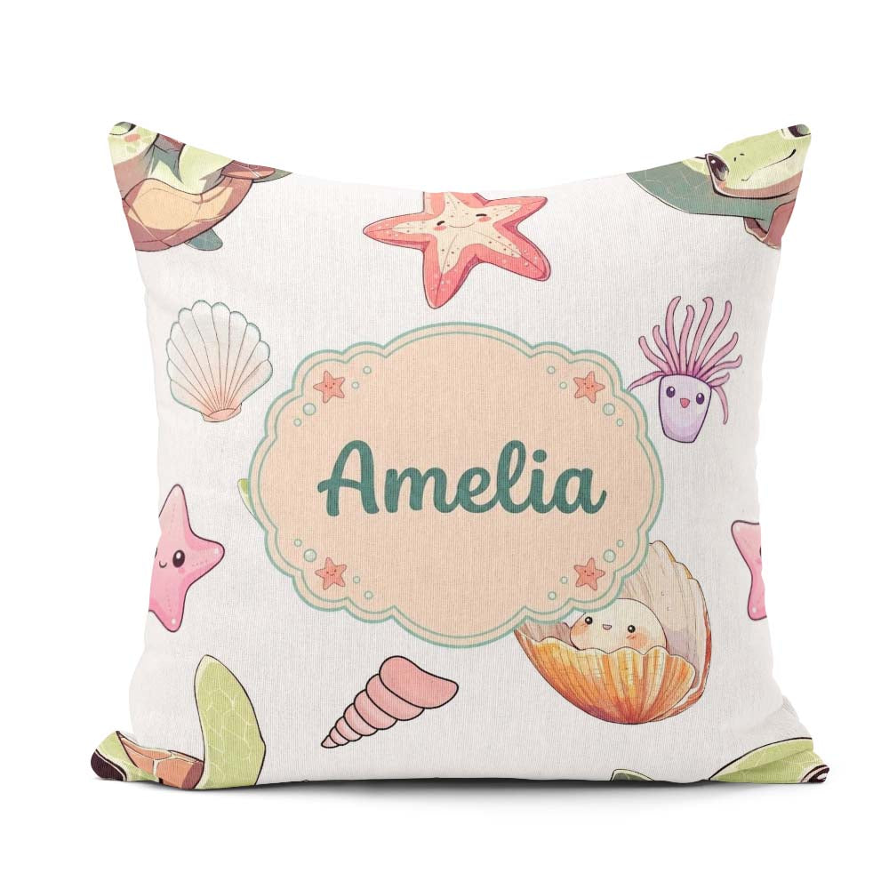 Custom Name Kawaii Sea Turtle Starfish Shells Ocean Friends Grey Square Filled Cushion Throw Pillow Sofa Bed Home Decor Zip Washable UK Made