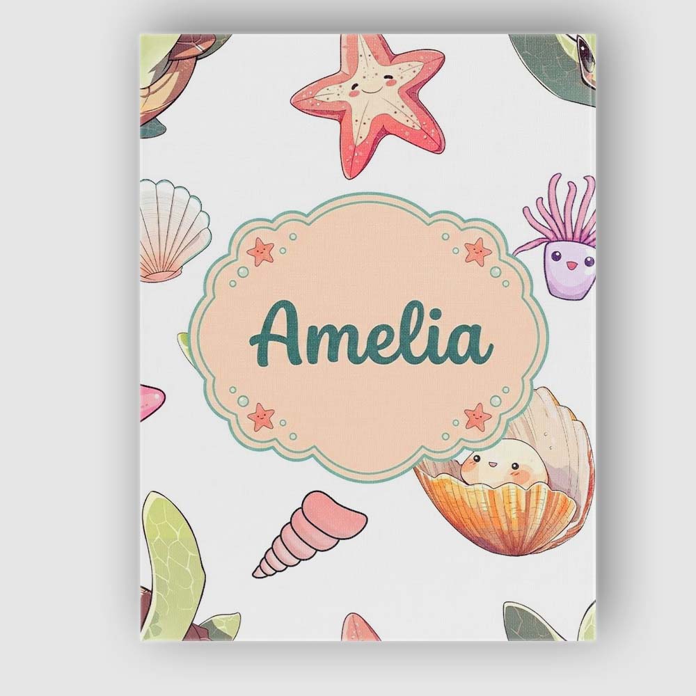 Personalised Name Cute Kawaii Sea Turtle Custom Unique Gift Idea Elegant Feature Canvas Wall Art Print Decor Picture Ready to Hang