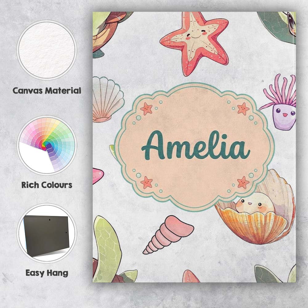 Personalised Name Cute Kawaii Sea Turtle Custom Unique Gift Idea Elegant Feature Canvas Wall Art Print Decor Picture Ready to Hang