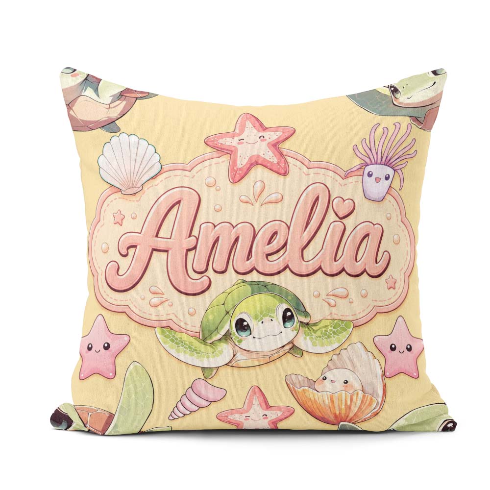 Custom Name Cute Kawaii Sea Turtle Starfish Shells Ocean Friends Square Filled Cushion Throw Pillow Sofa Bed Home Decor Zip Washable UK Made