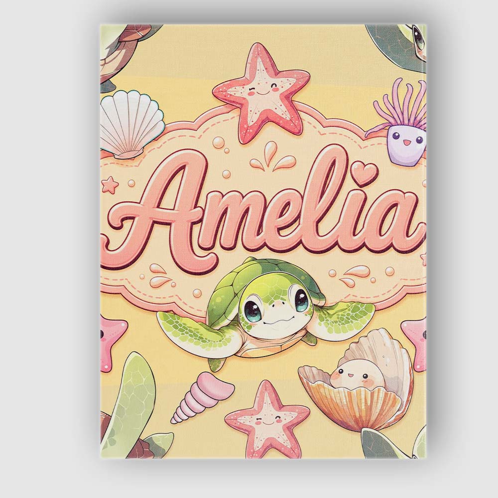 Personalised Name Cute Kawaii Sea Turtle Custom Unique Gift Idea Elegant Feature Canvas Wall Art Print Decor Picture Ready to Hang