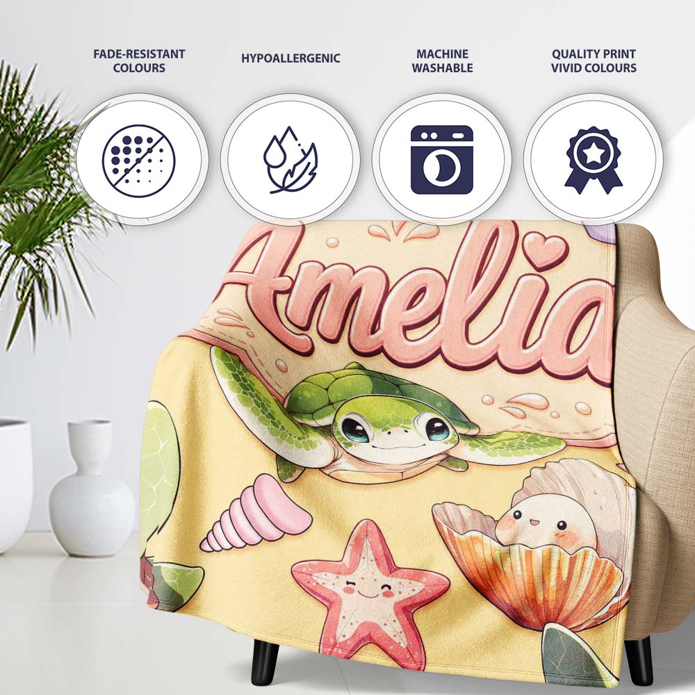 Cute Kawaii Sea Turtle Starfish Shells Ocean Friends Yellow Lovely Personalised Custom Name Super Soft Fleece Blanket Bed Sofa Throw