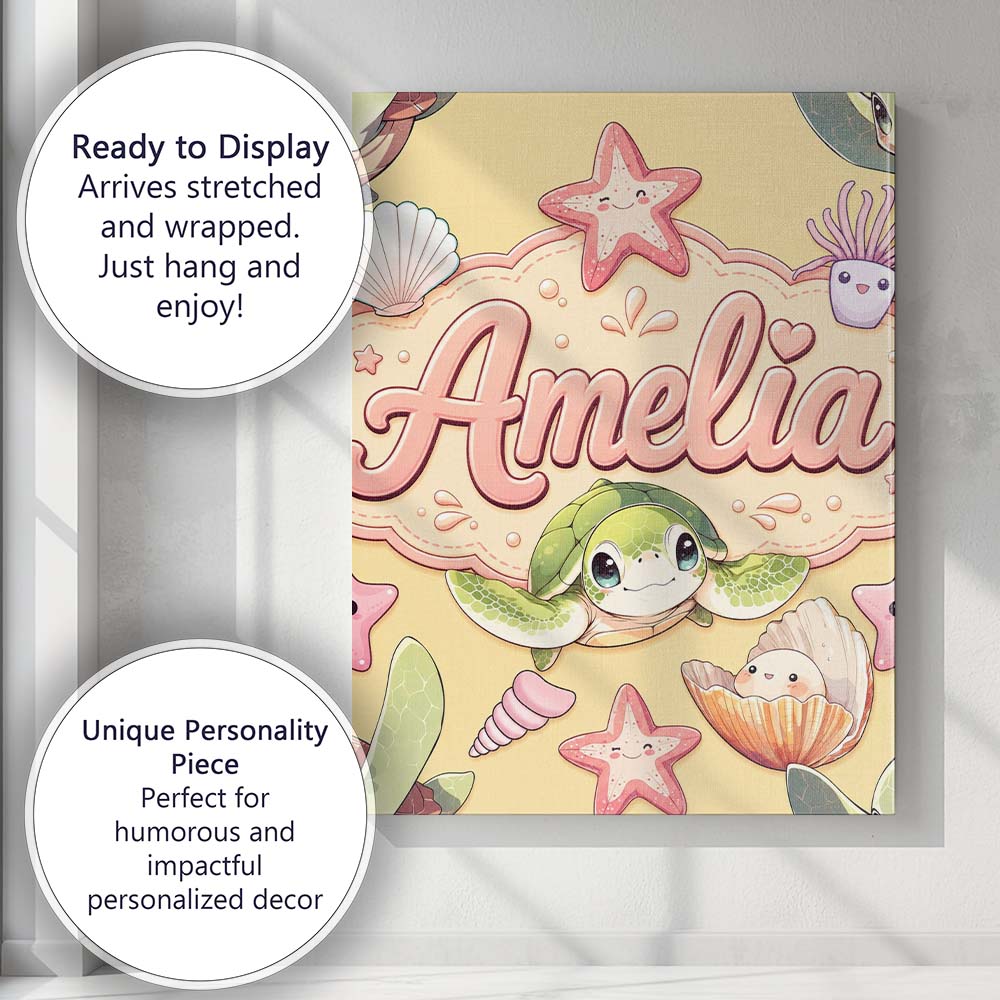 Personalised Name Cute Kawaii Sea Turtle Custom Unique Gift Idea Elegant Feature Canvas Wall Art Print Decor Picture Ready to Hang