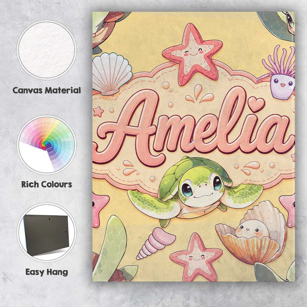 Personalised Name Cute Kawaii Sea Turtle Custom Unique Gift Idea Elegant Feature Canvas Wall Art Print Decor Picture Ready to Hang