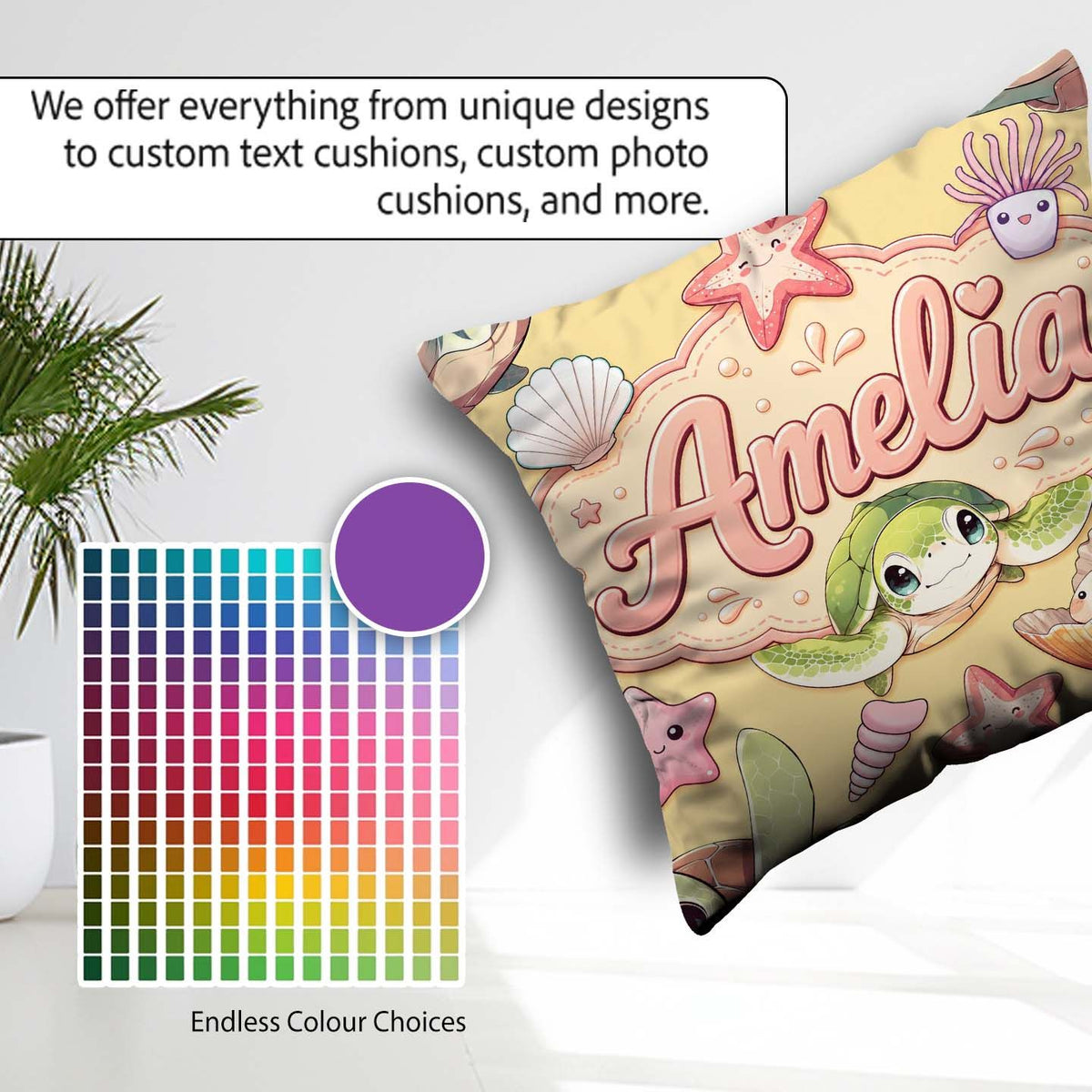 Custom Name Cute Kawaii Sea Turtle Starfish Shells Ocean Friends Square Filled Cushion Throw Pillow Sofa Bed Home Decor Zip Washable UK Made