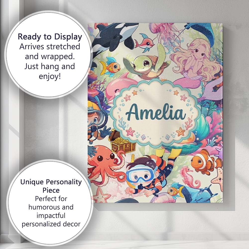 Personalised Name Cute Underwater Ocean Custom Modern Room Accent Elegant Feature Canvas Wall Art Print Decor Picture Ready to Hang