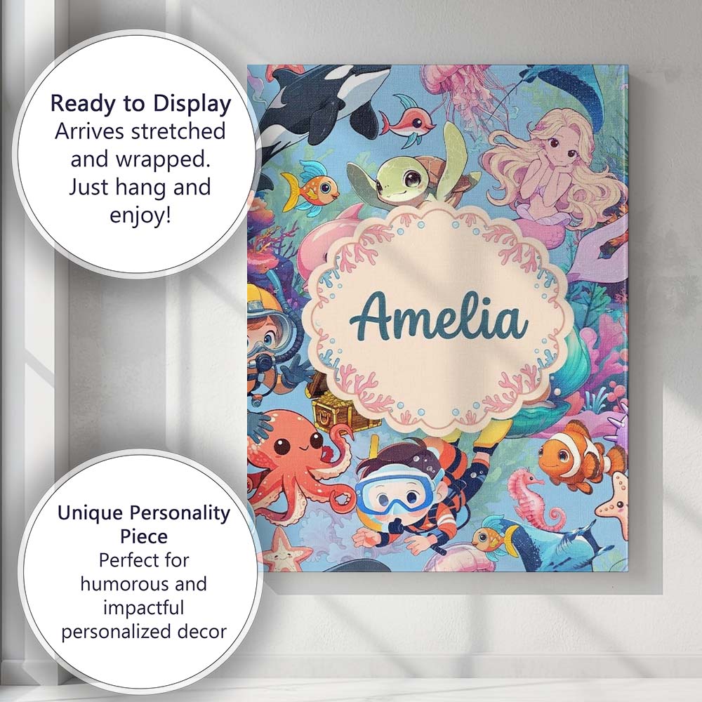 Personalised Name Cute Underwater Ocean Custom Modern Room Accent Elegant Feature Canvas Wall Art Print Decor Picture Ready to Hang