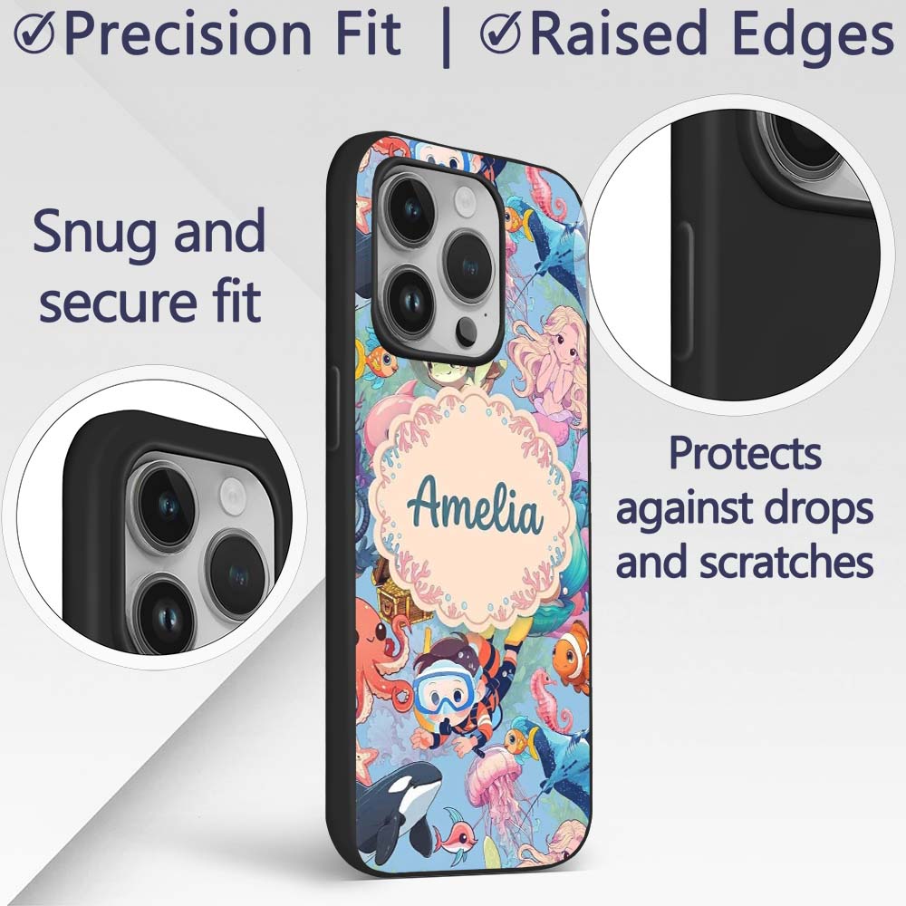 Cute Underwater Ocean Scene Decorative Design Custom Name Protective Phone Case Mobile Cover Durable Everyday Smartphone Shock Resistant