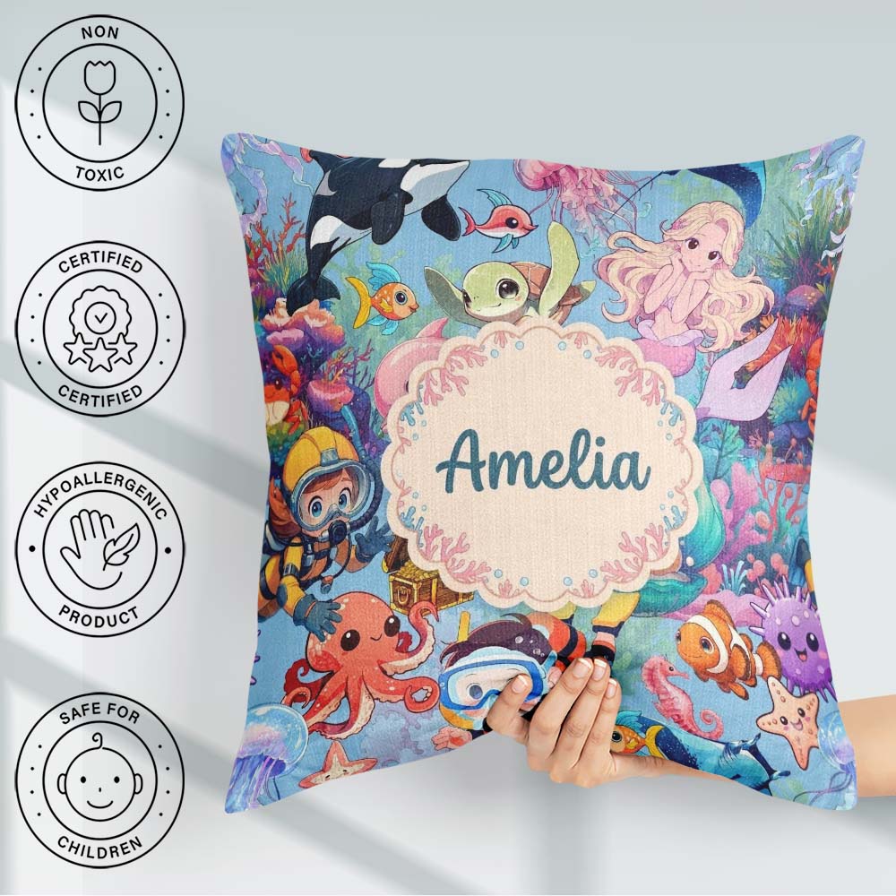 Custom Name Underwater Ocean Scene Mermaid Dolphin Treasure Blue Square Filled Cushion Throw Pillow Sofa Bed Home Decor Zip Washable UK Made