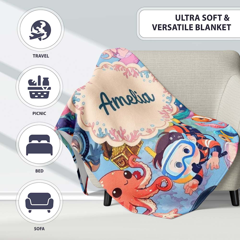 Cute Underwater Ocean Scene Mermaid Dolphin Turtle Treasure Blue Personalised Custom Name Super Soft Fleece Blanket Bed Sofa Throw