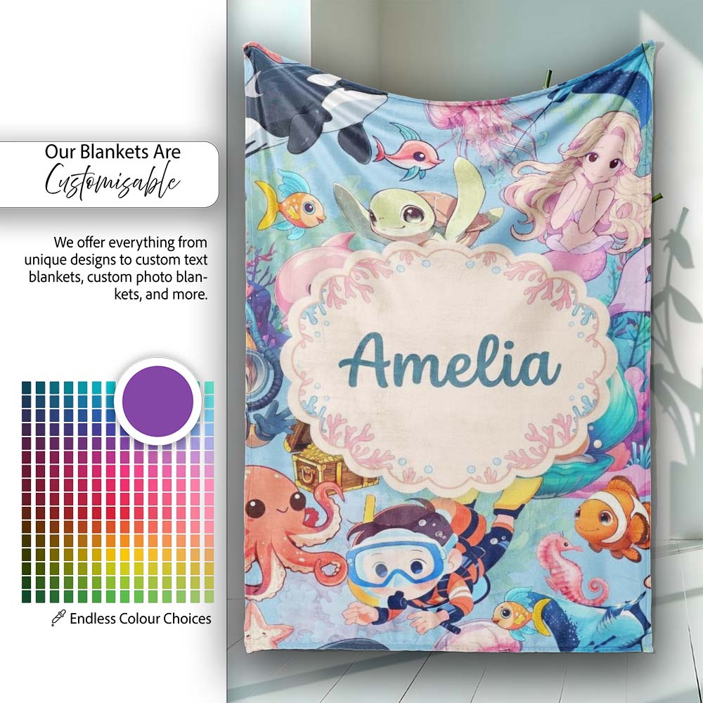 Cute Underwater Ocean Scene Mermaid Dolphin Turtle Treasure Blue Personalised Custom Name Super Soft Fleece Blanket Bed Sofa Throw