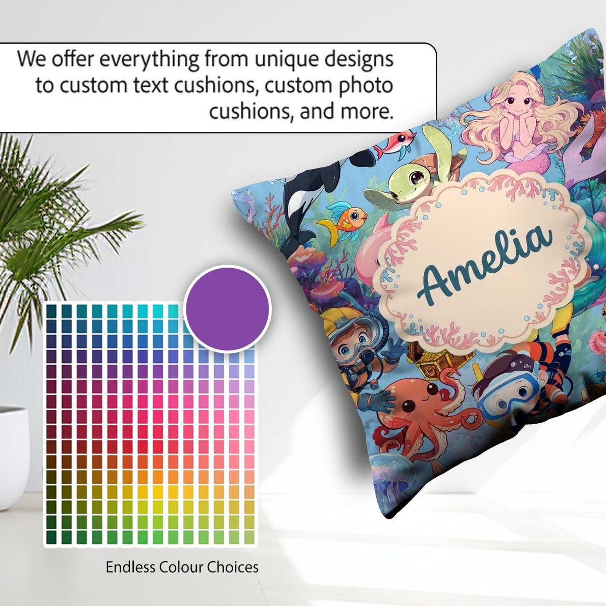 Custom Name Underwater Ocean Scene Mermaid Dolphin Treasure Blue Square Filled Cushion Throw Pillow Sofa Bed Home Decor Zip Washable UK Made