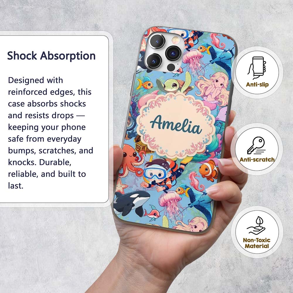 Cute Underwater Ocean Scene Decorative Design Custom Name Protective Phone Case Mobile Cover Durable Everyday Smartphone Shock Resistant