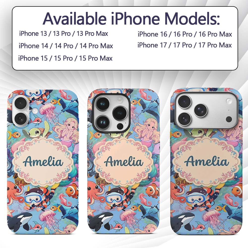 Cute Underwater Ocean Scene Decorative Design Custom Name Protective Phone Case Mobile Cover Durable Everyday Smartphone Shock Resistant