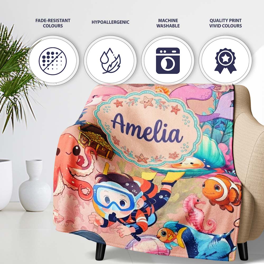 Cute Underwater Ocean Scene Mermaid Dolphin Turtle Treasure Peach Personalised Custom Name Super Soft Fleece Blanket Bed Sofa Throw