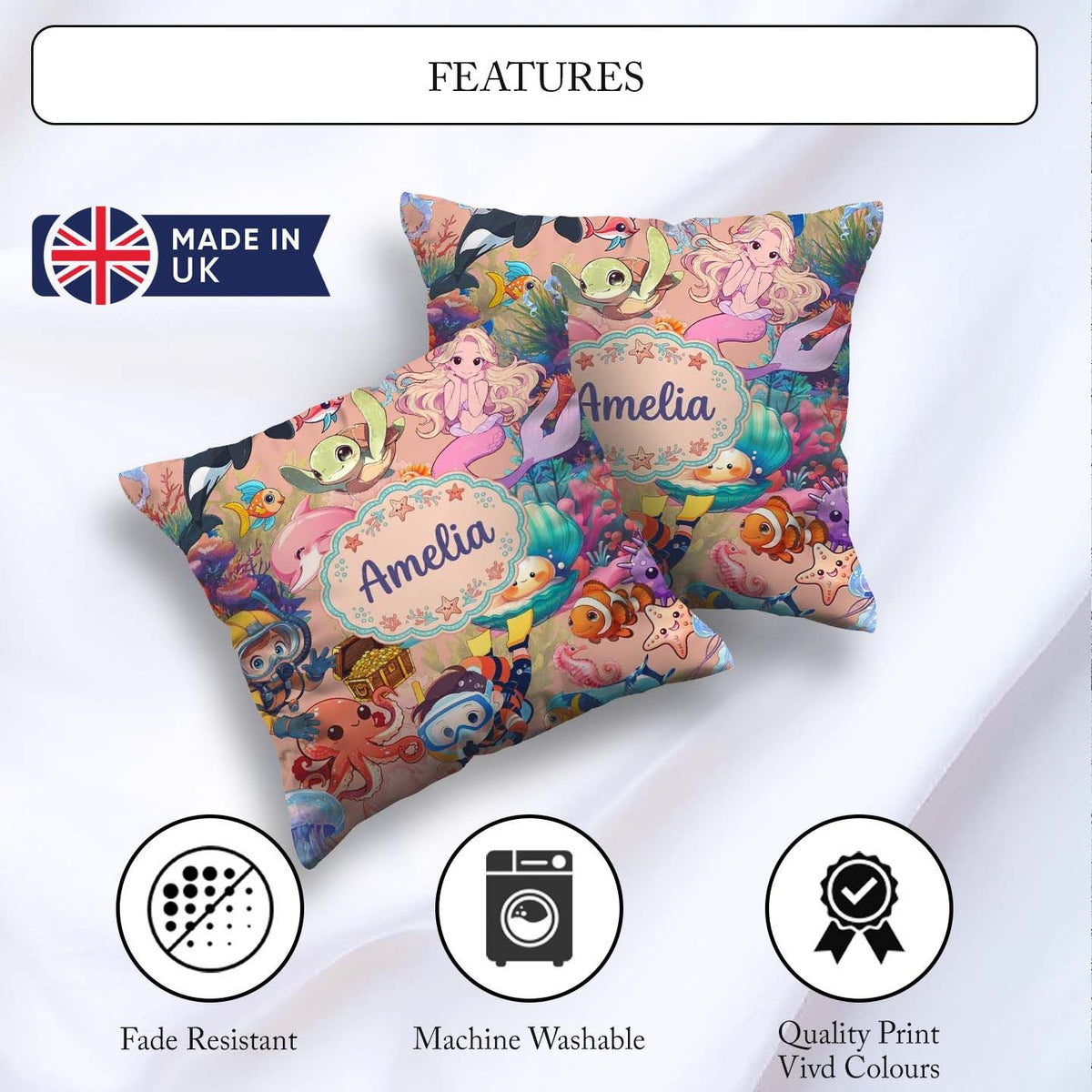 Custom Name Underwater Ocean Scene Mermaid Turtle Treasure Peach Square Filled Cushion Throw Pillow Sofa Bed Home Decor Zip Washable UK Made