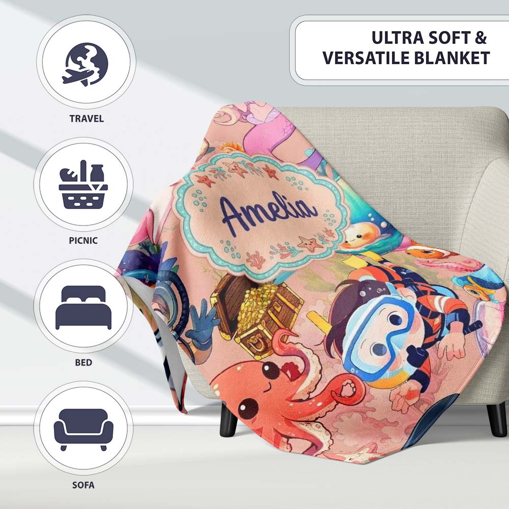 Cute Underwater Ocean Scene Mermaid Dolphin Turtle Treasure Peach Personalised Custom Name Super Soft Fleece Blanket Bed Sofa Throw