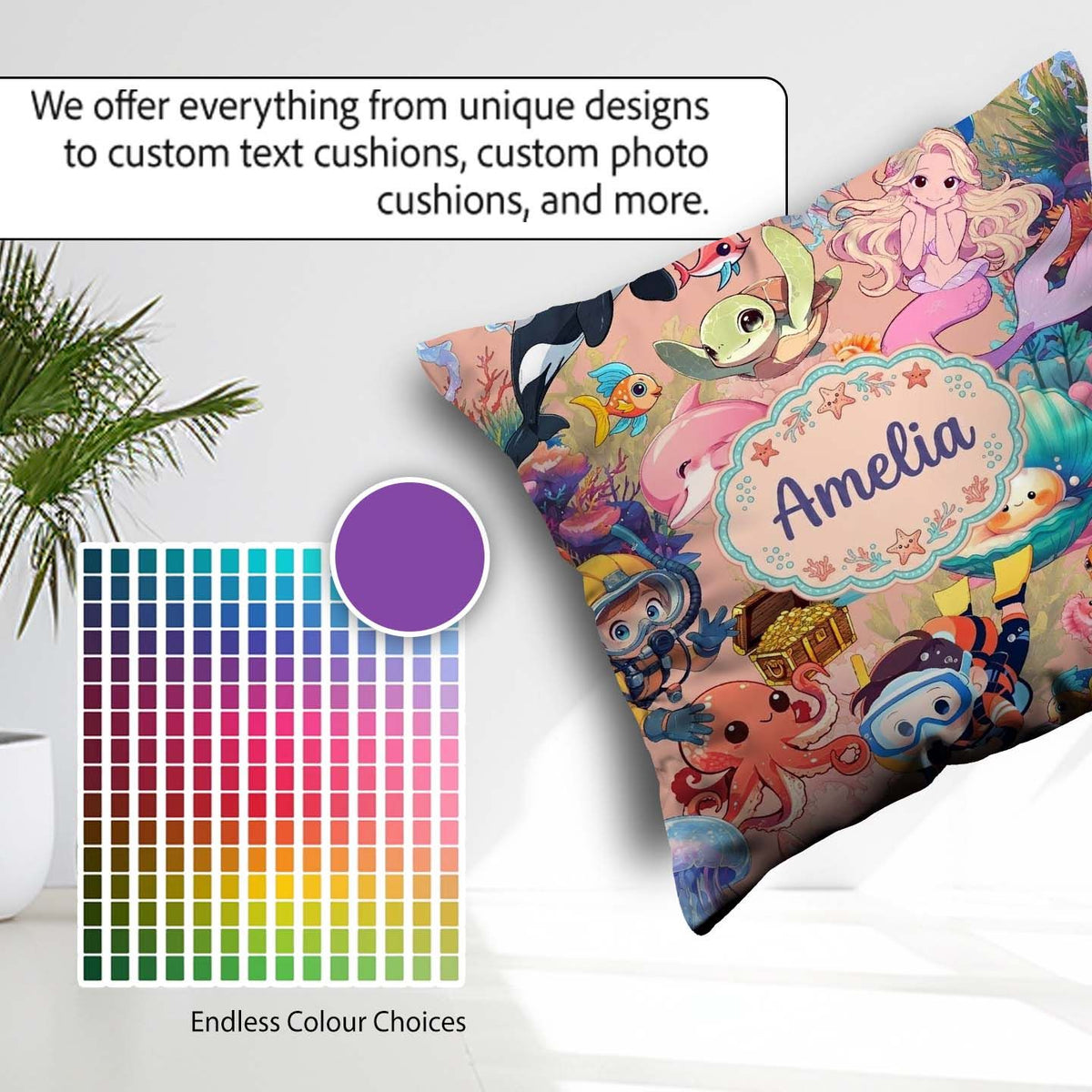 Custom Name Underwater Ocean Scene Mermaid Turtle Treasure Peach Square Filled Cushion Throw Pillow Sofa Bed Home Decor Zip Washable UK Made