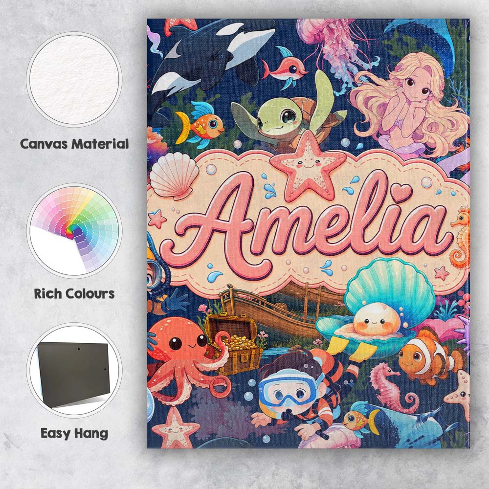 Personalised Name Cute Underwater Ocean Custom Modern Room Accent Elegant Feature Canvas Wall Art Print Decor Picture Ready to Hang