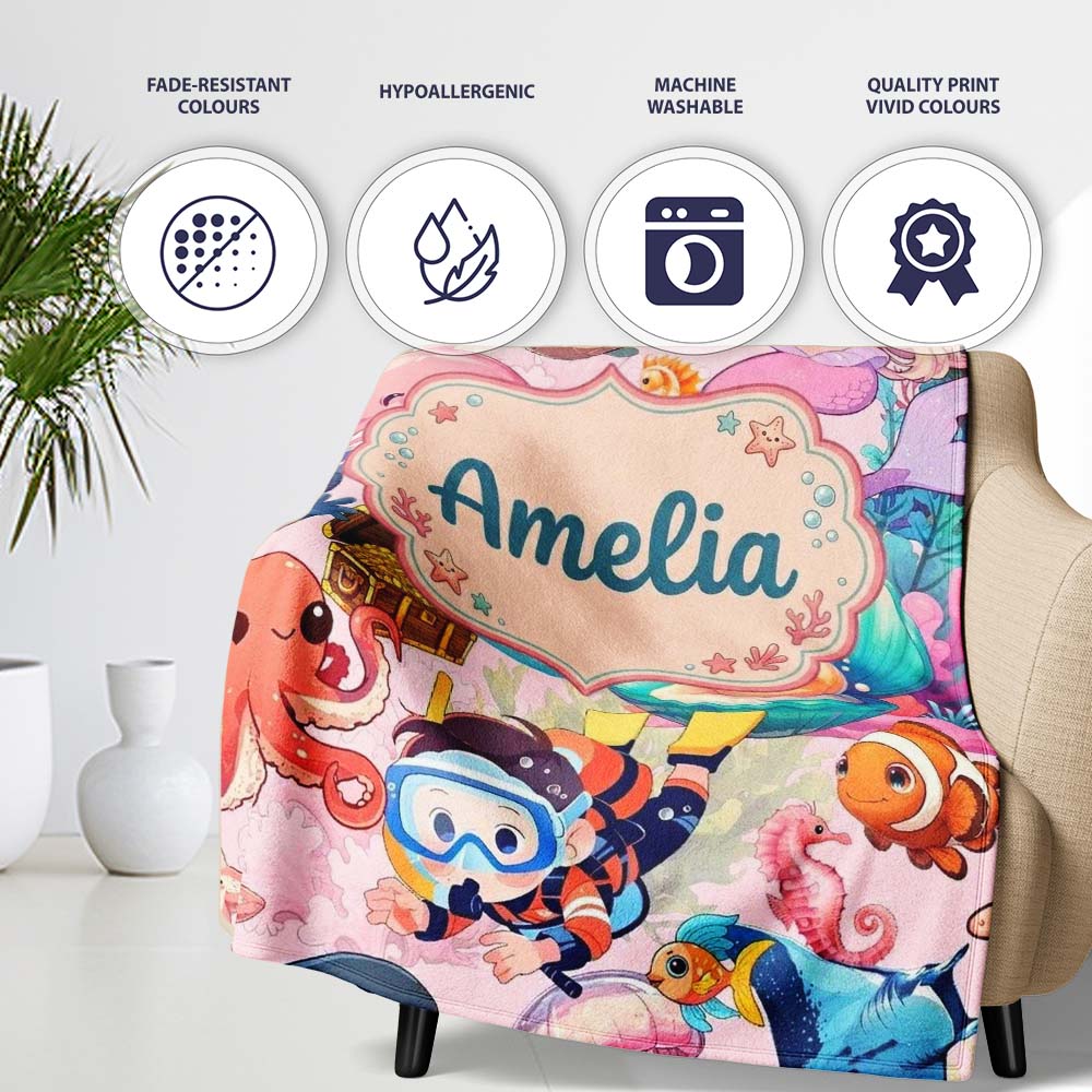 Cute Underwater Ocean Scene Mermaid Dolphin Turtle Treasure Pink Personalised Custom Name Super Soft Fleece Blanket Bed Sofa Throw
