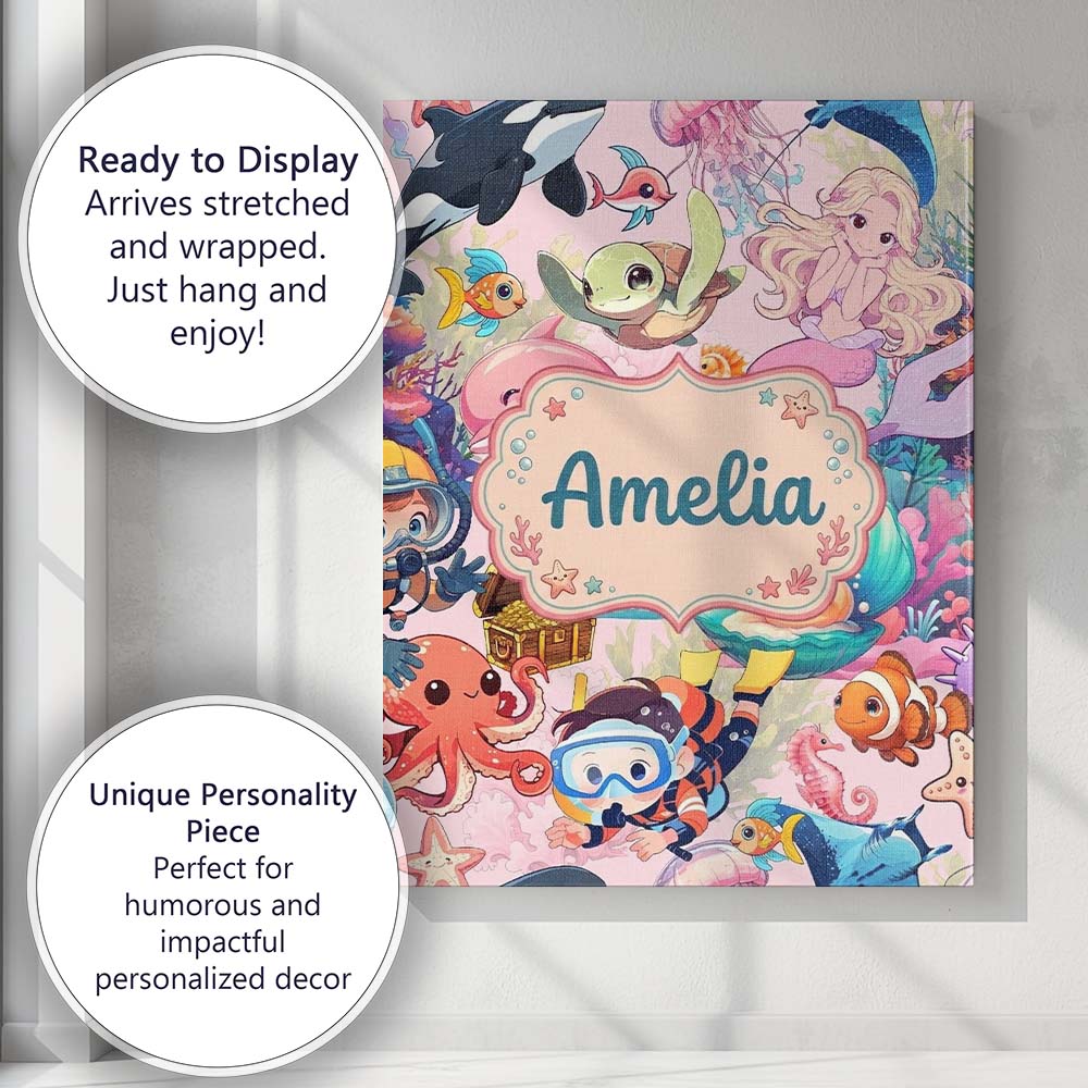 Personalised Name Cute Underwater Ocean Custom Modern Room Accent Elegant Feature Canvas Wall Art Print Decor Picture Ready to Hang