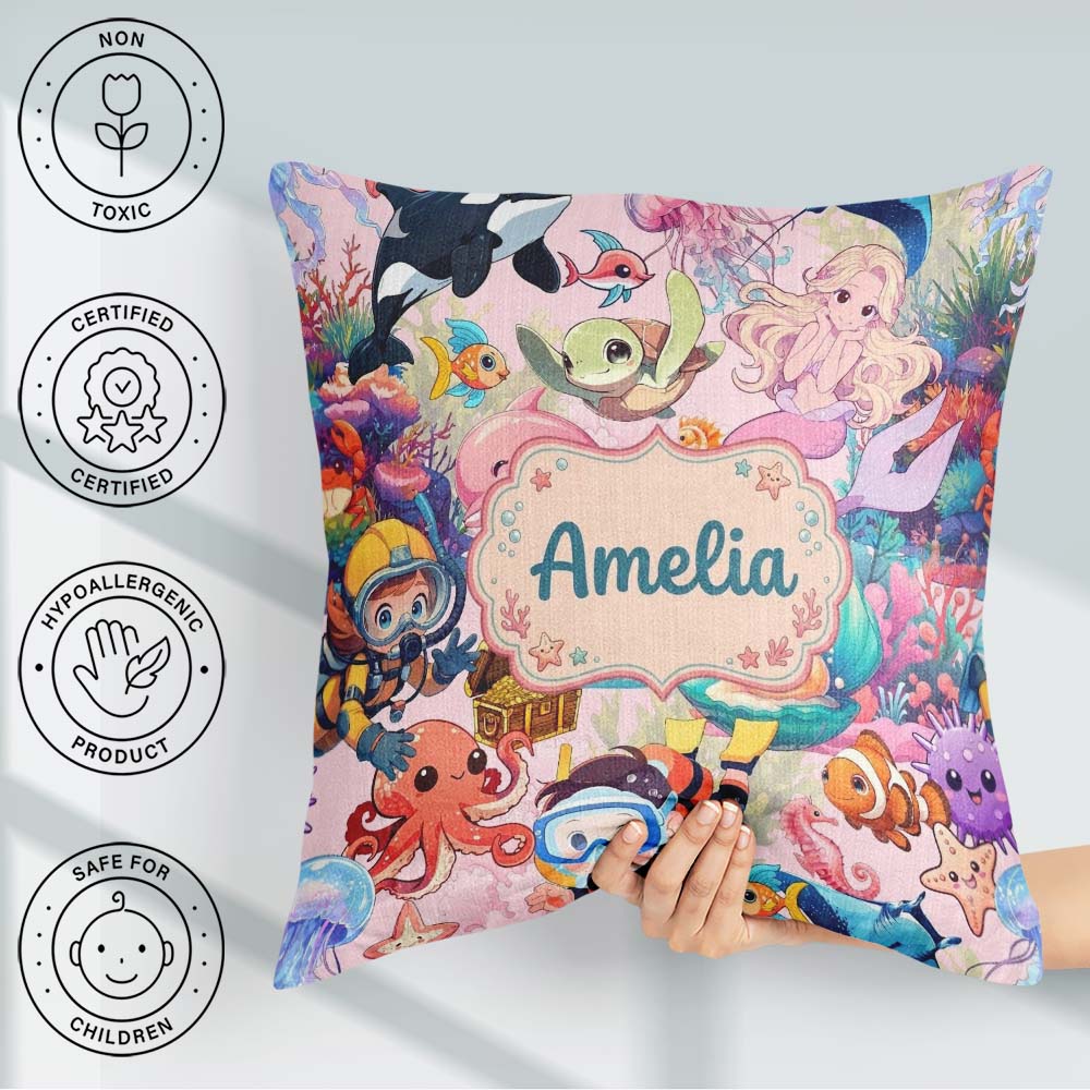 Custom Name Underwater Ocean Scene Mermaid Dolphin Treasure Pink Square Filled Cushion Throw Pillow Sofa Bed Home Decor Zip Washable UK Made